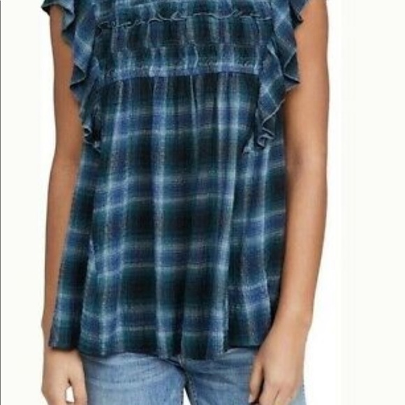 Lori Plaid Flutter Sleeve Babydoll Blouse In Lake Front by beachlunchlounge - Picture 2 of 13